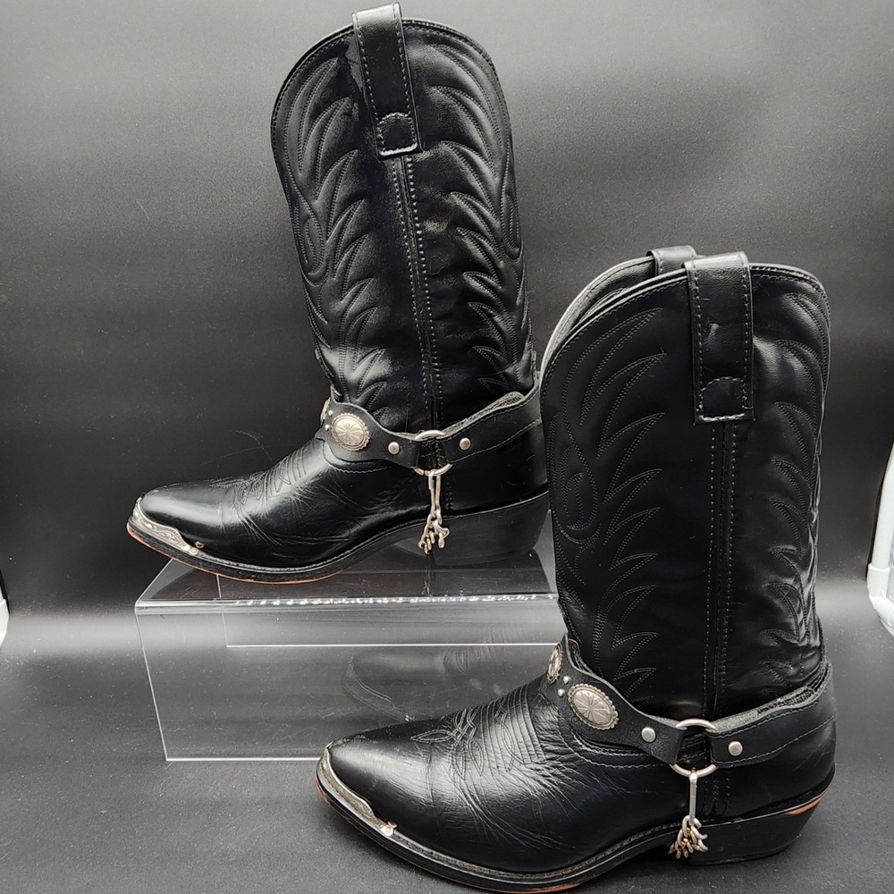 Laredo 10D Black Leather Western Cowboy Boots 6770 Harness Metal Toe Tips Biker